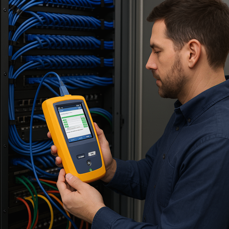 Técnico realizando certificación de cableado estructurado con equipo Fluke en Ecuador
